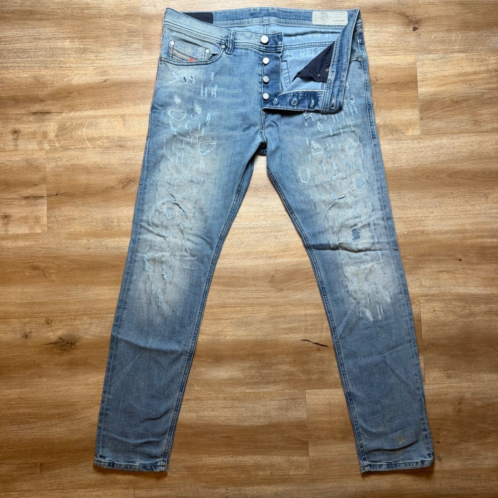 Diesel Tepphar Jeans Mens 32x30 Blue Distressed Slim Carrot Stretch Denim 084QS